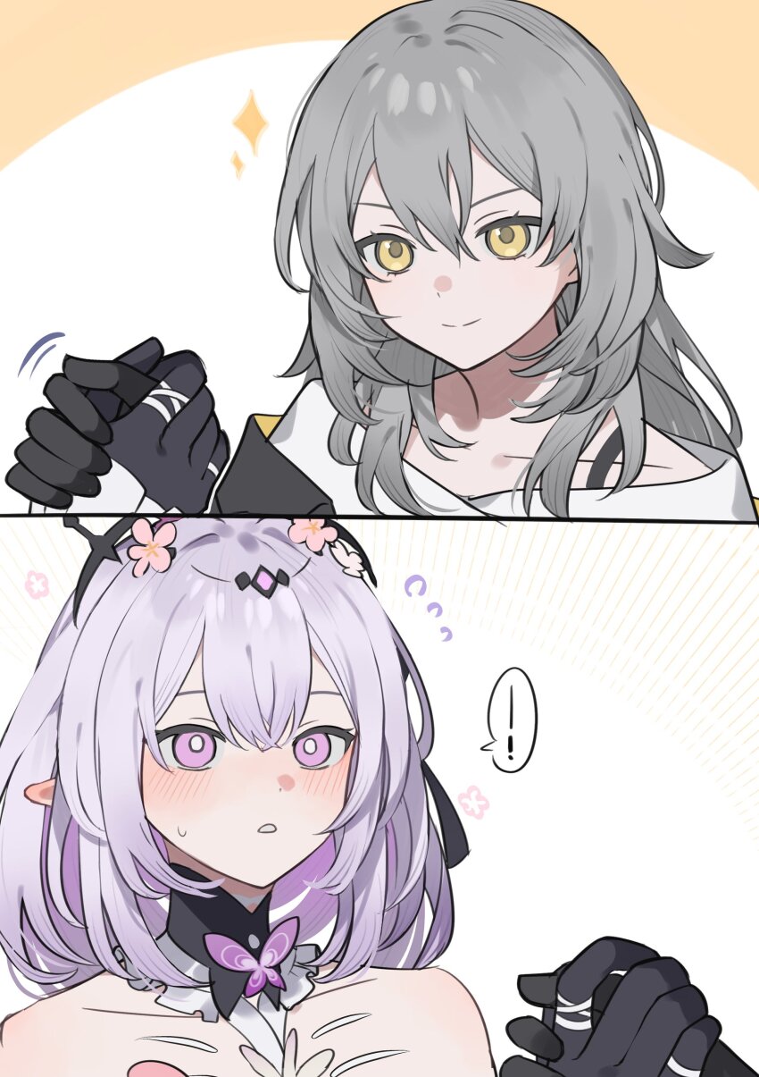2girls absurdres arm_wrestling bare_shoulders blush castorice_(honkai:_star_rail) detached_sleeves dress flower gloves grey_hair hair_ornament highres honkai:_star_rail honkai_(series) long_hair multiple_girls purple_hair smile stelle_(honkai:_star_rail) trailblazer_(honkai:_star_rail) yellow_eyes younomiti yuri