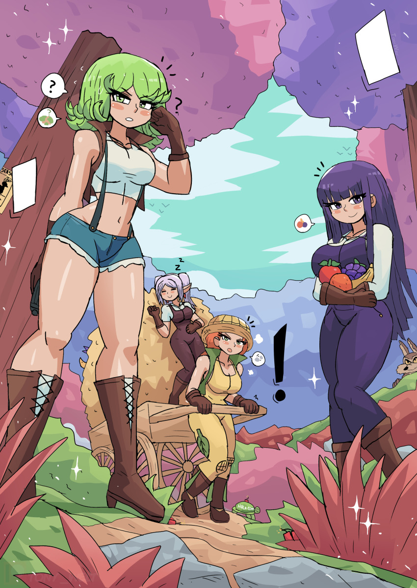! 2boys 4girls ? absurdres animal apple asdfmovie banana bird blue_shorts blush boots braid breasts brown_footwear brown_fur brown_gloves brown_overalls brown_vest cleavage closed_eyes cloud collarbone corny_(tony_welt) coyote crossover denim denim_shorts dynamite earrings explosive farmer fern_(sousou_no_frieren) food food-themed_clothes frieren fruit gloves grapes grass green_eyes green_hair hat hay hiding highres jewelry large_breasts long_hair long_sleeves looney_tunes midriff mine_turtle multiple_boys multiple_girls navel one-punch_man open_clothes open_mouth open_vest orange_(fruit) original overalls personification puff_of_air purple_eyes purple_hair purple_overalls red_hair road_runner_(looney_tunes) rock shirt short_hair short_shorts shorts sky sleeping sousou_no_frieren sparkle speech_bubble spoken_food spoken_question_mark standing sweat tank_top tatsumaki tony_welt tree turtle twin_braids twintails vest wagon walking white_hair white_shirt wile_e_coyote yellow_hat yellow_overalls zzz