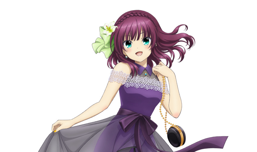 1girl :d alternate_costume alternate_hairstyle angel_beats! artist_request bag bare_shoulders blunt_bangs blush bow braid collared_dress cowboy_shot crown_braid dress dress_bow earrings floating_hair flower formal_clothes green_bow green_eyes hair_bow hair_flower hair_ornament hand_up handbag happy highres jewelry lily_(flower) looking_at_viewer medium_hair nail_polish nakamura_yuri necklace official_art open_mouth purple_bow purple_dress purple_hair simple_background skirt_hold sleeveless sleeveless_dress smile solo transparent_background white_flower white_lily yellow_nails