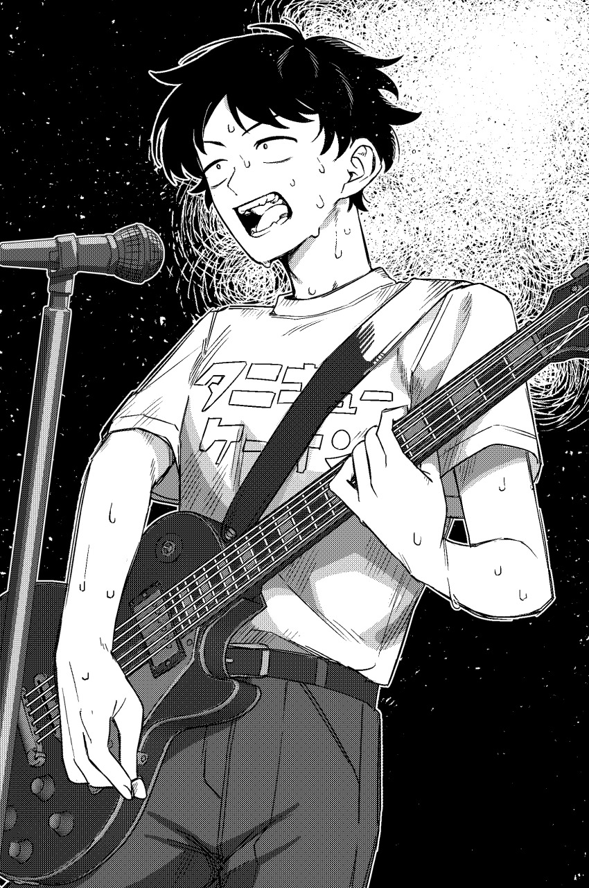 1boy absurdres belt electric_guitar futsuu_no_keion-bu greyscale guitar highres holding holding_plectrum instrument microphone microphone_stand monochrome music playing_guitar playing_instrument plectrum rra_(yj) shirt singing solo sweat t-shirt yamazoe_satoru