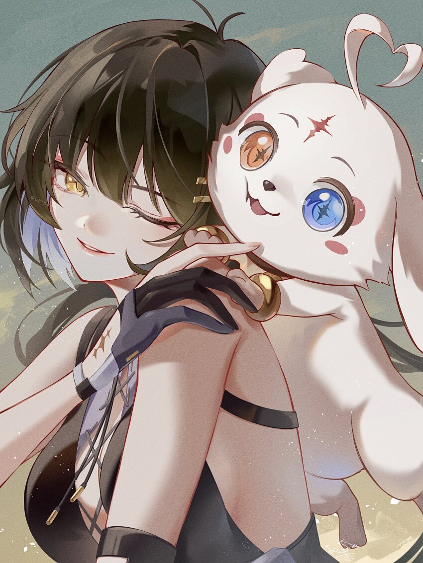 1girl abby_(wuthering_waves) absurdres bare_shoulders bilingual_commentary black_gloves black_hair blue_eyes breasts chigusa7h colored_inner_hair commentary_request cross-laced_clothes cross-laced_top female_rover_(wuthering_waves) fingernails gloves hair_ornament hairclip heterochromia highres large_breasts long_hair mixed-language_commentary multicolored_hair one_eye_closed orange_eyes parallel_hairclips parted_lips partially_fingerless_gloves rover_(wuthering_waves) smile tacet_mark_(wuthering_waves) white_hair wuthering_waves yellow_eyes