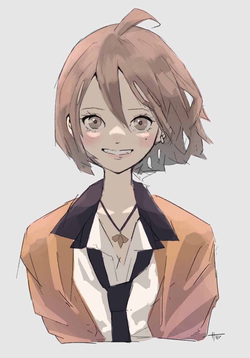 1girl ahoge artist_name assault_lily black_necktie blush brown_eyes brown_hair cardigan collared_shirt commentary_request cropped_torso earrings grey_background grin hair_between_eyes highres jewelry kawamura_yuzuriha long_sleeves looking_at_viewer loose_necktie mole mole_under_eye necklace necktie odaiba_girls_high_school_uniform open_cardigan open_clothes orange_cardigan parted_lips pendant sally_(allogkk) school_uniform shirt short_hair simple_background smile solo upper_body white_shirt