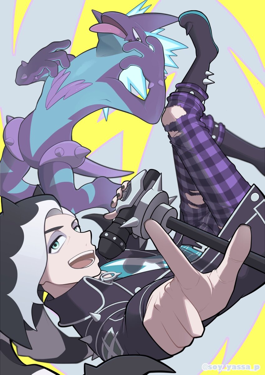 1boy black_hair blue_eyes boots eyeshadow gen_8_pokemon grey_eyeshadow highres makeup male_focus microphone_stand multicolored_hair nintendo official_alternate_costume pants piers_(pokemon) piers_(sygna_suit)_(pokemon) plaid_clothes plaid_pants pokemon pokemon_(creature) pokemon_masters_ex pon_(soy_yassa_p) purple_pants toxtricity toxtricity_(low_key) two-tone_hair white_hair