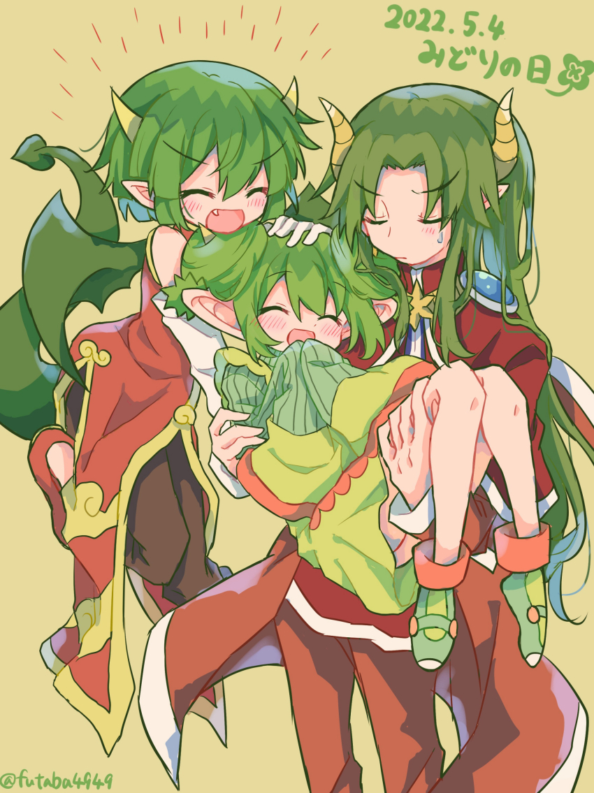 1boy 2girls ^_^ absurdres artist_name blush brown_pants capelet carrying china_dress chinese_clothes closed_eyes closed_mouth coat color_connection curtained_hair dated draco_centauros dragon_girl dress ear_tufts elbow_gloves fang flats floating furrowed_brow futaba969649 gloves green_background green_dress green_footwear green_hair green_tail green_wings hair_between_eyes hair_color_connection hand_on_another&#039;s_head hands_on_own_chin happy happy_aura highres horns knee_up lidelle_(puyopuyo) light_frown long_hair mary_janes middle_part multiple_girls open_mouth pants pointy_ears princess_carry puyopuyo red_capelet red_coat red_dress red_footwear satan_(puyopuyo) shoes short_hair sidelocks simple_background sleeveless sleeveless_dress sleeves_past_wrists sweatdrop trait_connection u_u very_long_hair white_gloves wings yellow_trim