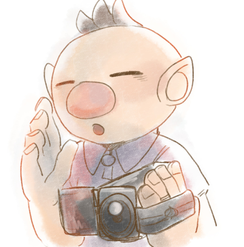 1boy absurdres alternate_costume bags_under_eyes bare_arms big_nose blue_shirt brown_hair buttons camcorder camera casual closed_eyes collared_shirt fingernails hand_up highres holding holding_camera iat-418 male_focus nintendo olimar open_mouth pikmin_(series) pointy_ears shirt short_hair shouting simple_background solo upper_body very_short_hair video_camera white_background