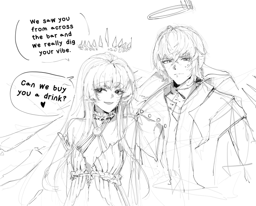 1boy 1girl absurdres ahoge arknights dress english_text executor_(arknights) executor_the_ex_foedere_(allmind_as_one)_(arknights) executor_the_ex_foedere_(arknights) gandy_(gan3e46) halo hashtag-only_commentary highres long_hair looking_at_viewer meme shattered short_hair sketch smile sweatdrop virtuosa_(arknights) virtuosa_(diversity_oneness)_(arknights) we_saw_you_from_across_the_bar_(meme)