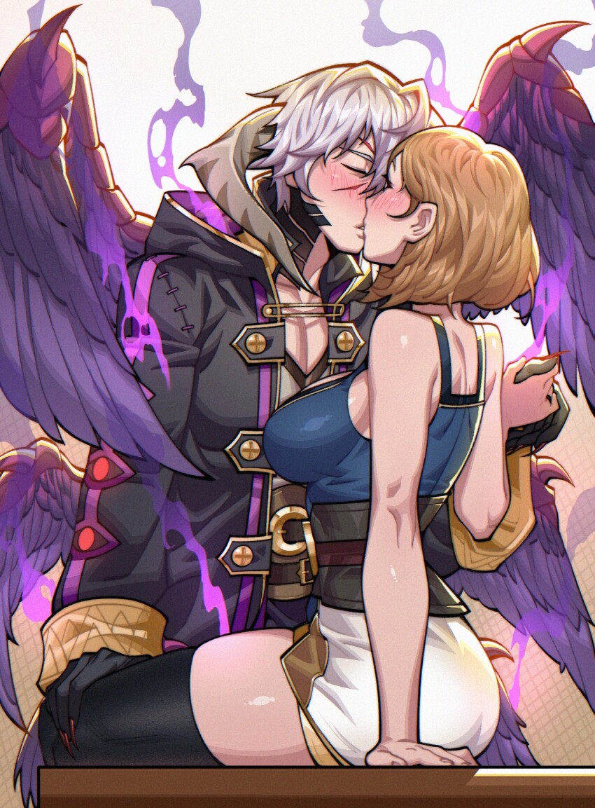 1boy 1girl ass aura belt belt_buckle black_claws black_cloak black_thighhighs blue_shirt blush breasts brown_hair buckle claws cloak closed_eyes commission couple dark_aura dragon dragon_horns extra_eyes female_kiran_(fire_emblem) female_kiran_(fire_emblem)_(evomanaphy) fire_emblem fire_emblem_heroes hand_on_another&#039;s_thigh highres holding_hands horns jewelry kiran_(fire_emblem) kiss large_breasts male_robin_(fire_emblem) male_robin_(grima)_(fire_emblem) medium_hair nintendo ring scales shirt sitting skindentation thick_thighs thighhighs thighs white_hair wings zuddi