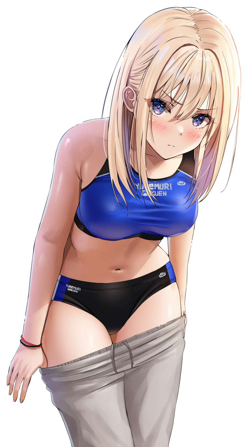 1girl absurdres bare_arms black_buruma black_sports_bra blonde_hair blue_buruma blue_sports_bra blush bracelet breasts buruma collarbone commentary_request gradient_hair grey_pants gyaru highres jewelry long_hair looking_at_viewer medium_breasts multicolored_hair navel original pants purple_eyes purple_hair scowl sports_bra standing sweatpants thighs track_uniform two-tone_buruma two-tone_hair two-tone_sports_bra undressing white_background yukemuriganmo