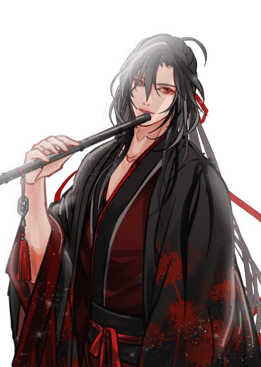 1boy ahoge bbbeyonce099 bishounen black_hair black_hanfu black_robe chinese_clothes dizi floral_print flower flute hair_between_eyes hair_down hair_ribbon half_updo hanfu highres holding holding_flute holding_instrument instrument long_hair long_sleeves looking_at_viewer makeup male_focus modao_zushi official_alternate_hairstyle red_eyes red_hanfu red_ribbon ribbon robe simple_background solo spider_lily tassel transverse_flute upper_body wei_wuxian wei_wuxian_(yiling_laozu) white_background wide_sleeves