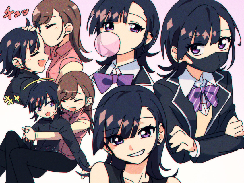 2girls black_hair brown_hair chewing_gum earrings happy highres jewelry kiss kissing_forehead mask medalist_(manga) mouth_mask multiple_girls nzeneee okazaki_iruka open_mouth purple_eyes teeth yuitsuka_mika