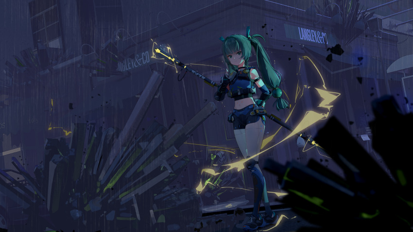 1girl absurdres android black_gloves black_shorts blunt_bangs braid cityscape fashi_laizi_weilai fingerless_gloves full_body gloves green_eyes green_hair highres holding holding_weapon lightning long_hair looking_ahead midriff navel outdoors police police_uniform policewoman qingyi_(zenless_zone_zero) rain serious shorts side_braids sidelocks solo standing twintails weapon zenless_zone_zero