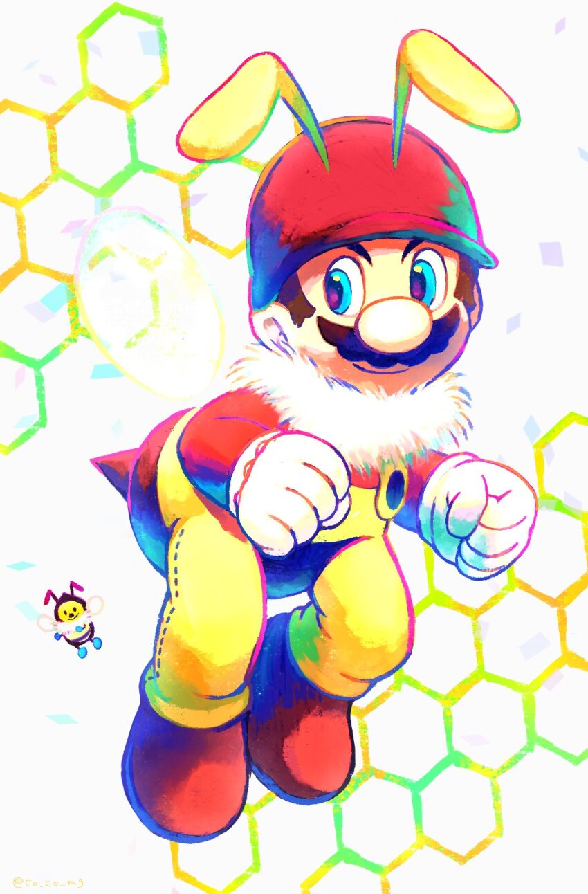 1boy antennae bee_mario blue_eyes boots co_co_mg facial_hair gloves helmet highres honeybee_(mario) looking_at_viewer mario mario_(series) mustache nintendo overalls simple_background super_mario_galaxy white_gloves yellow_overalls