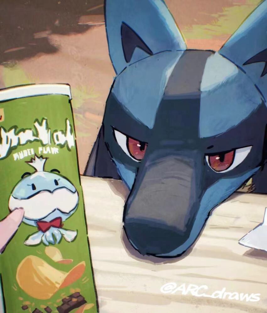 1other arc_draws character_print day gen_4_pokemon gen_5_pokemon grass highres holding jellicent jellicent_(male) lucario nintendo outdoors pokemon pokemon_(creature) pringles_can red_eyes shadow table twitter_username
