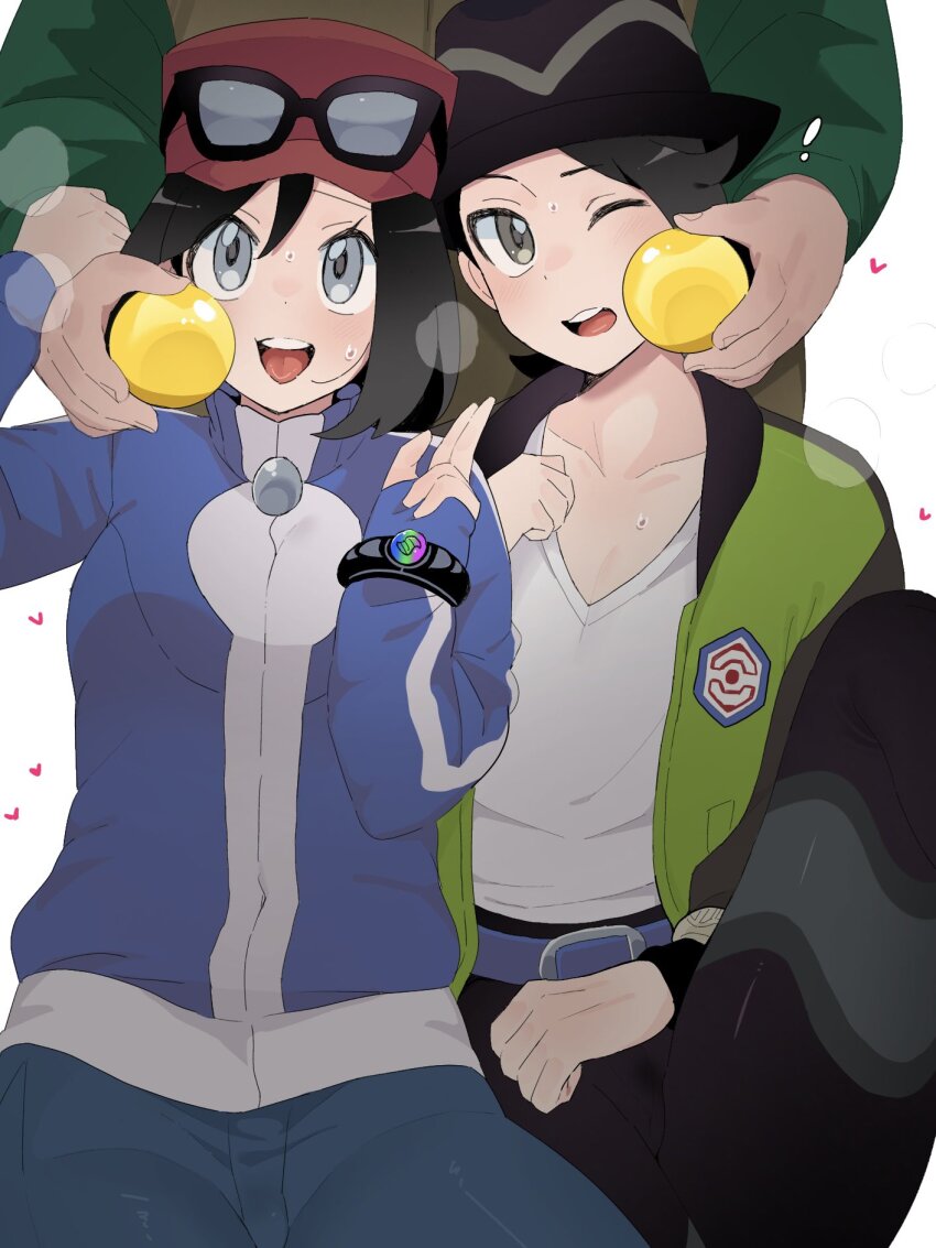 3boys :d belt black-framed_eyewear black_hat black_pants blue_belt blue_jacket bracelet calem_(pokemon) collarbone creatures_(company) eyelashes eyewear_on_headwear game_freak green_jacket grey_eyes hands_up hat heart highres hiker_(pokemon) holding jacket jewelry long_sleeves looking_at_viewer male_focus multiple_boys nintendo nugget_(pokemon) one_eye_closed open_mouth pants paxton_(pokemon) pokemon pokemon_legends:_z-a pokemon_xy red_hat sana_(37pisana) shirt sleeves_past_wrists smile sunglasses sweat teeth tongue upper_teeth_only white_background