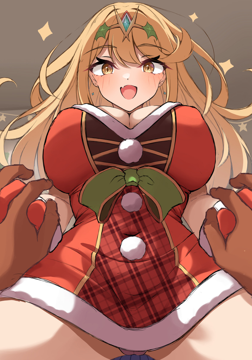 1boy 1girl :d absurdres bow breasts brown_gloves christmas circlet dress earrings fang gloves green_bow highres holding_hands indoors interlocked_fingers jewelry large_breasts long_hair looking_at_viewer looking_down mikan_(mika_n95) mythra_(xenoblade) open_mouth panties pink_panties pov pov_hands red_dress rex_(xenoblade) santa_costume skin_fang smile swept_bangs underwear very_long_hair xenoblade_chronicles_(series) xenoblade_chronicles_2