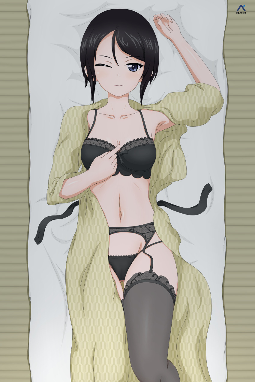 1girl ;) absurdres acrux arm_up artist_logo bath_yukata black_bra black_eyes black_garter_belt black_hair black_panties black_thighhighs bra bra_tug chouno_ami closed_mouth commentary dated english_commentary from_above futon garter_belt girls_und_panzer gluteal_fold green_kimono groin highres japanese_clothes kimono lace lace-trimmed_bra lace-trimmed_panties lace_trim lingerie logo looking_at_viewer lying navel on_back one_eye_closed open_clothes open_kimono panties short_hair short_sleeves smile solo string_panties swept_bangs tatami thigh_gap thighhighs underwear yukata