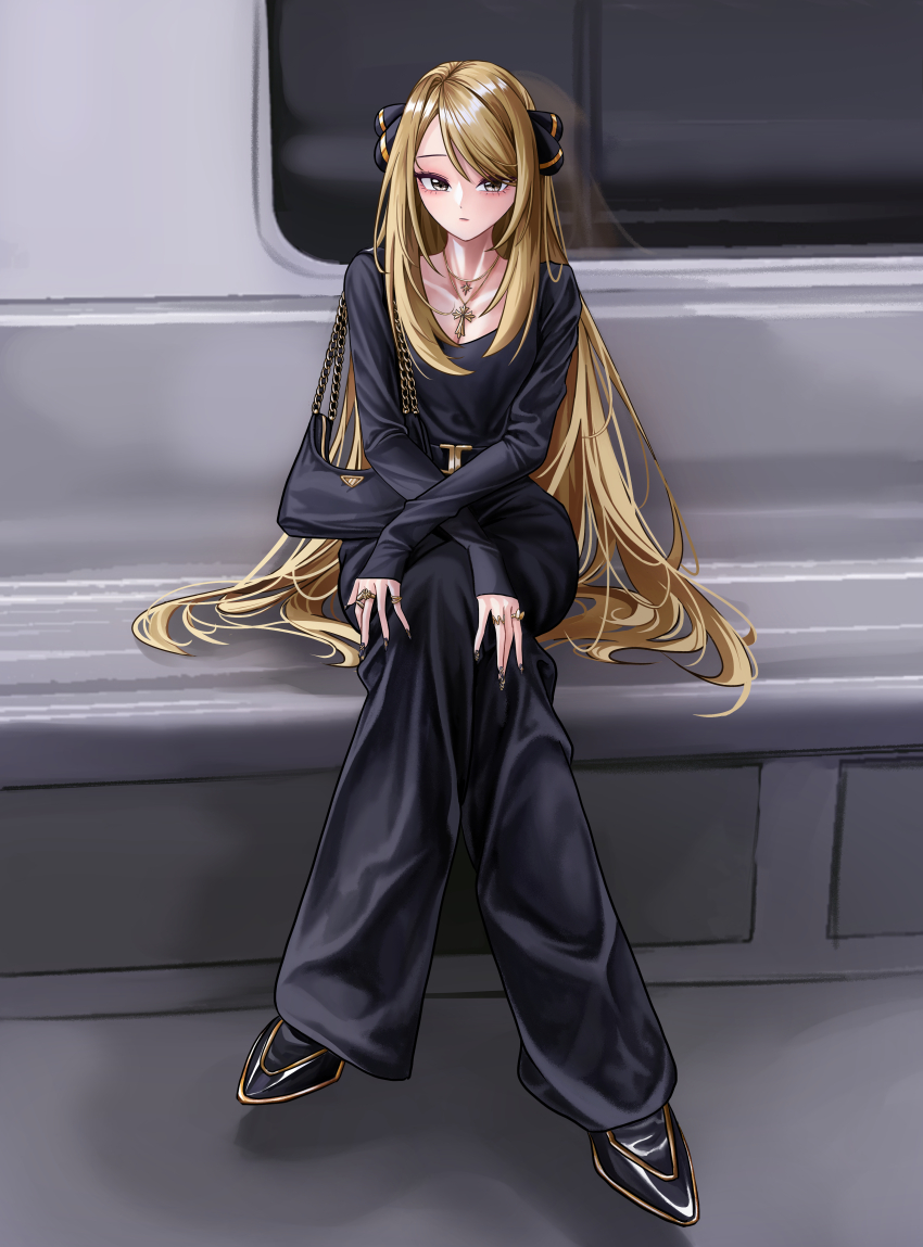 1girl absurdres alternate_costume black_pants black_shirt black_shoes blonde_hair closed_mouth commentary_request cross cross_necklace crossed_legs cynthia_(pokemon) dorosi033 eyelashes full_body grey_eyes hair_ornament highres jewelry long_hair nail_polish necklace nintendo pants pokemon pokemon_dppt reflection ring shirt shoes sitting sleeves_past_wrists solo train_interior very_long_hair window x_arms