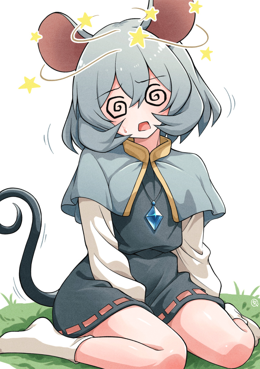 1girl @_@ animal_ears blue_capelet capelet commentary_request commission dizzy facing_viewer full_body grey_hair grey_skirt grey_vest hair_between_eyes highres jewelry long_sleeves mouse_ears mouse_girl mouse_tail nazrin necklace on_grass open_mouth ribbon-trimmed_skirt ribbon_trim scavia10 seeing_stars short_hair skeb_commission skirt socks solo spiral-only_eyes tail touhou vest white_background white_socks