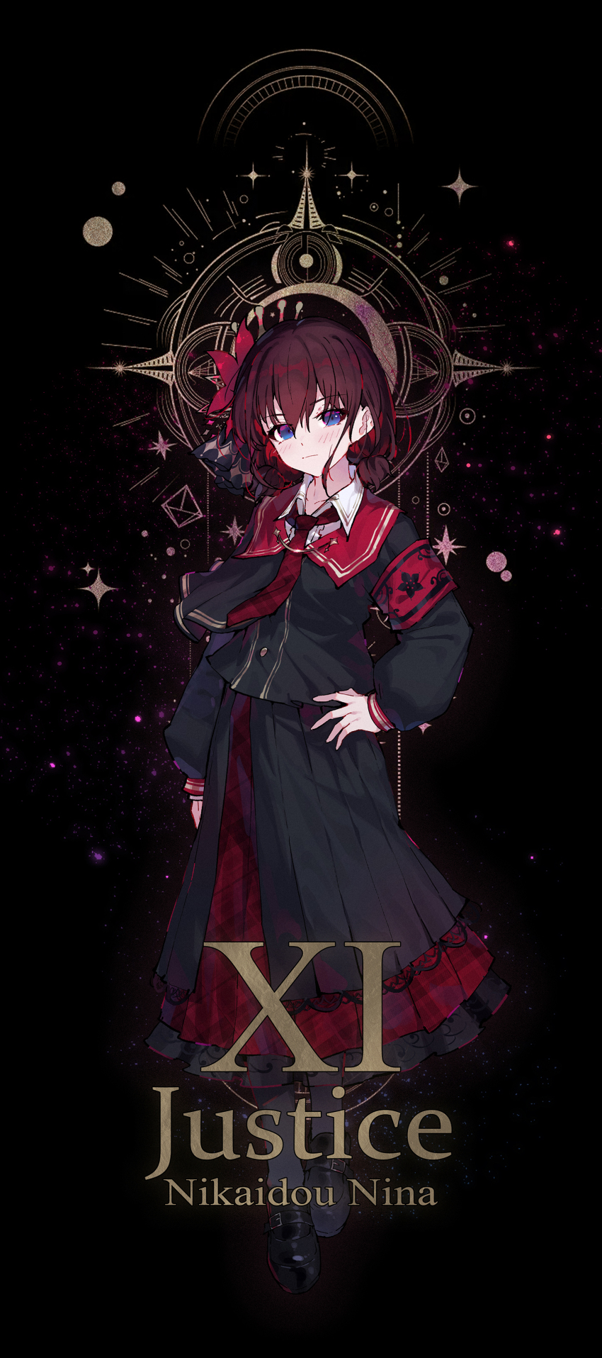 1girl absurdres armband black_background black_pantyhose black_shirt black_shoes black_skirt blue_eyes blush brown_hair chinese_commentary closed_mouth commentary_request cosplay flower full_body girls_band_cry hair_between_eyes hair_flower hair_ornament hand_on_own_hip highres indoors iseri_nina layered_skirt long_hair low_twintails mahou_shoujo_no_majo_saiban necktie nikaido_hiro nikaido_hiro_(cosplay) pantyhose pleated_skirt red_necktie red_skirt shirt shoes short_hair short_twintails skirt solo twintails yun_cao_bing