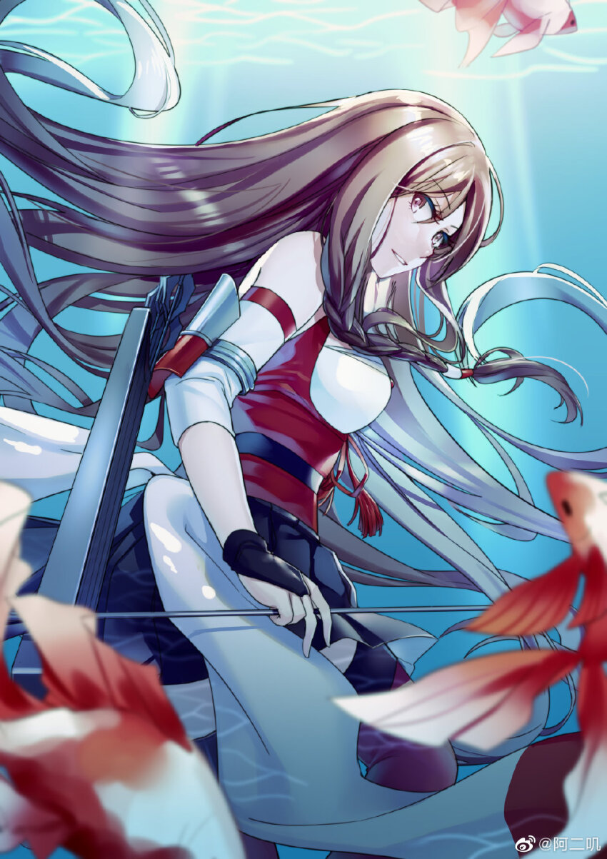 1girl aer_(tengqiu) braid breasts brown_hair chinese_commentary commentary_request detached_sleeves fish goldfish heterochromia highres japanese_clothes long_hair looking_at_viewer medium_breasts shoukaku_(warship_girls_r) skirt solo thighhighs underwater very_long_hair warship_girls_r water watermark weapon weibo_watermark weibo_watermark
