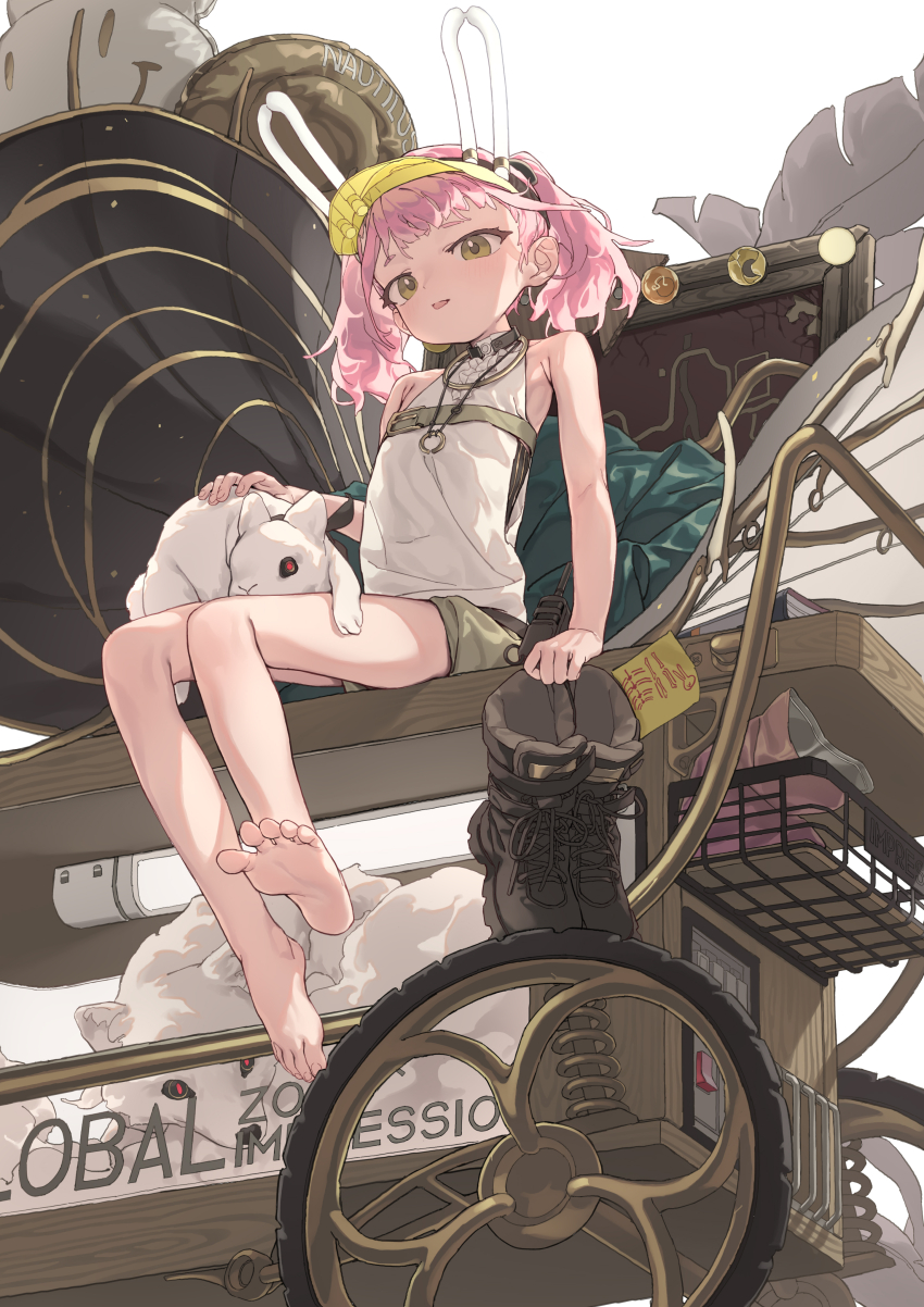 1girl absurdres animal_ears balloon bare_legs bare_shoulders barefoot boots feet girls&#039;_frontline girls&#039;_frontline_neural_cloud highres iyasu_shikaku open_mouth pink_hair rabbit rabbit_ears soles taisch_(neural_cloud) toenails toes twintails