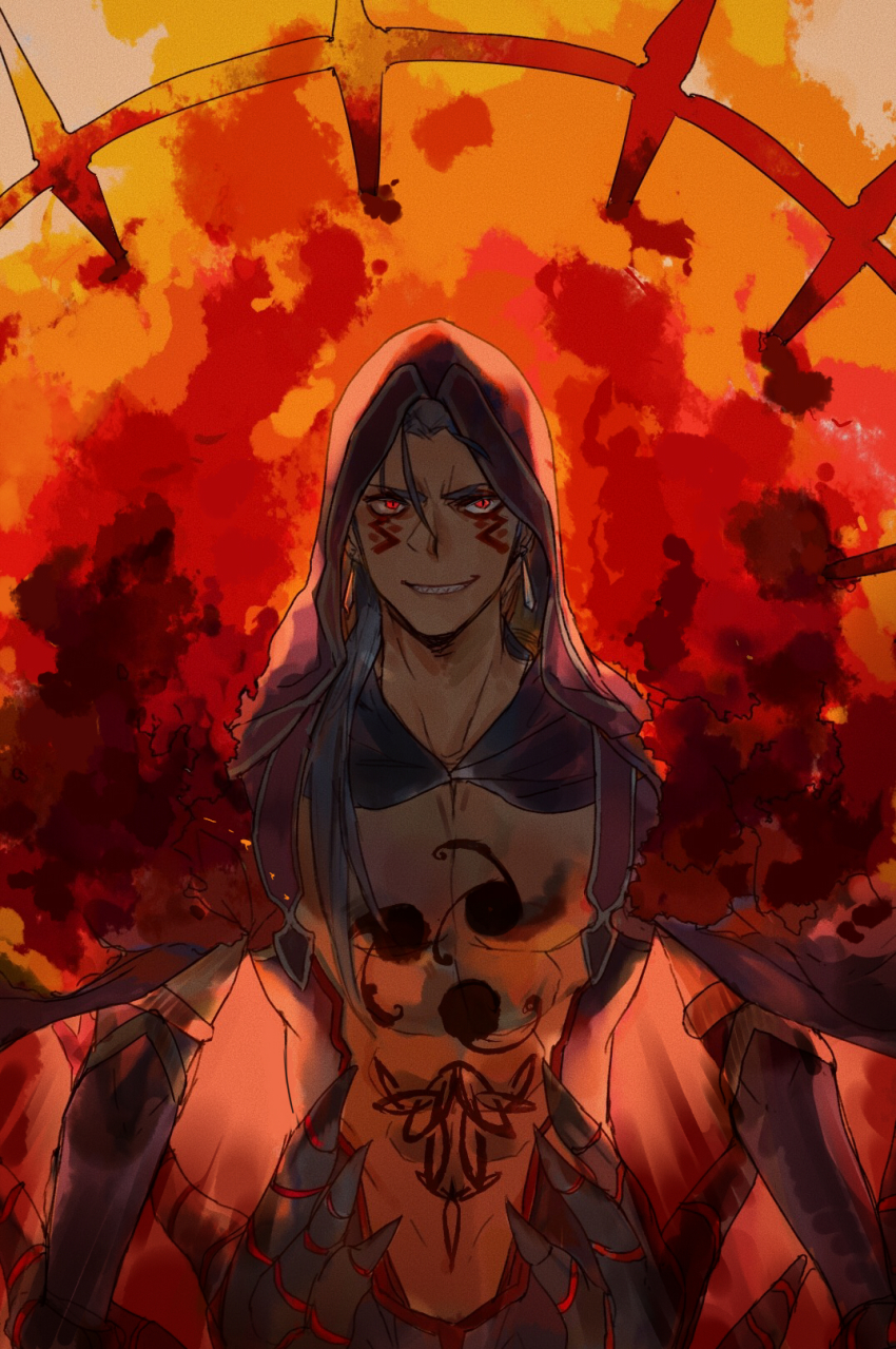 1boy abs ashorz bare_pectorals blue_hair bodypaint bodysuit cu_chulainn_(fate) cu_chulainn_(fate/stay_night) cu_chulainn_alter_(fate) cu_chulainn_alter_(fate/grand_order) cu_chulainn_alter_(third_ascension)_(fate) dark_blue_hair earrings facepaint fate/grand_order fate_(series) fur grin highres hood hood_up jewelry long_hair looking_at_viewer male_focus muscular pectorals ponytail red_eyes sharp_teeth smile solo spikes teeth topless_male type-moon