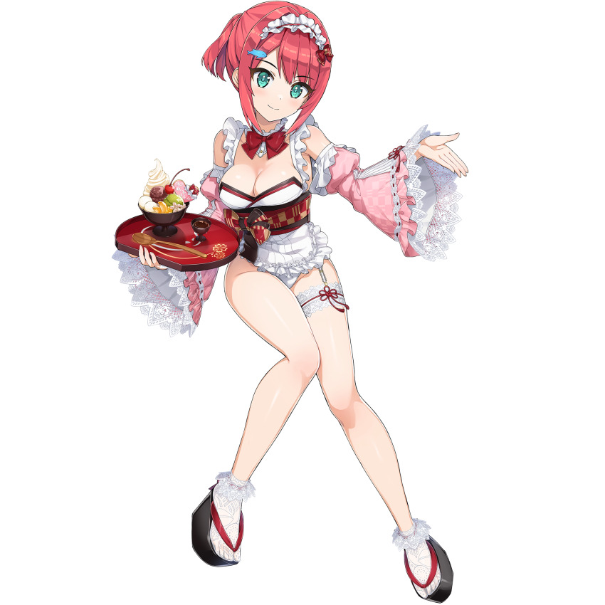 1girl apron aqua_eyes bikini breasts choker cleavage closed_mouth dessert detached_collar detached_sleeves dolphin_hair_ornament dolphin_wave food frilled_apron frilled_choker frilled_thigh_strap frills game_cg highres holding holding_tray ice_cream japanese_clothes lace-trimmed_apron lace_trim looking_at_viewer maid maid_apron maid_bikini medium_hair non-web_source official_alternate_costume official_alternate_hairstyle official_art ootomo_takuji parfait pink_hair platform_clogs ponytail sakimiya_kohari sitting small_breasts smile spoon sundae swimsuit thigh_strap transparent_background tray unconventional_maid waist_apron white_apron