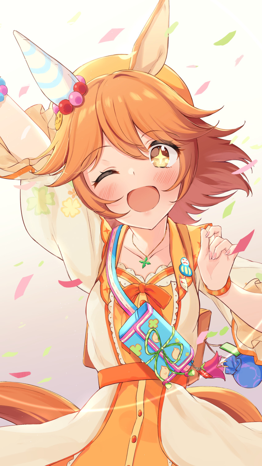 +_+ 1girl ;d absurdres animal_ears arm_up backpack bag bead_bracelet beads blush bracelet commentary cowboy_shot dress ear_covers floral_print hair_between_eyes highres horse_ears horse_girl horse_tail jacket jewelry looking_at_viewer matikanefukukitaru_(good_omen_first_storm)_(umamusume) matikanefukukitaru_(umamusume) one_eye_closed open_clothes open_jacket open_mouth orange_dress orange_hair pouch saboten_mushi short_hair smile solo tail umamusume white_jacket