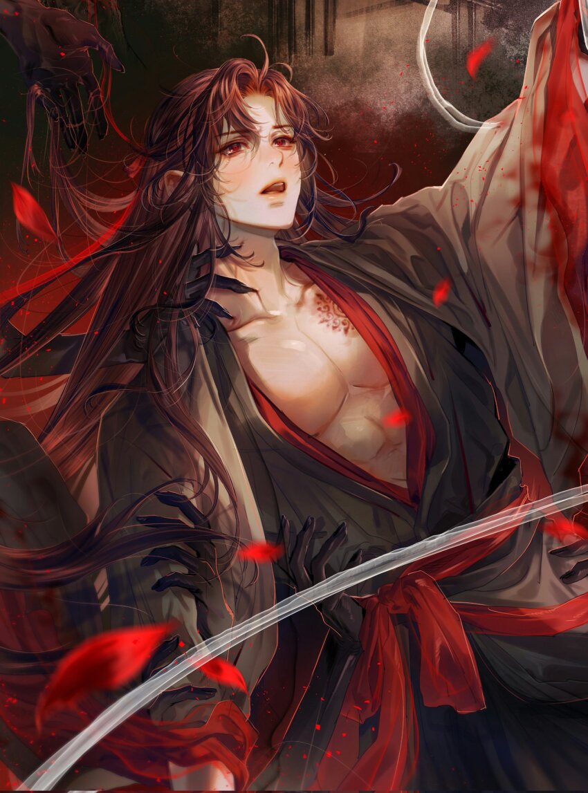 1boy abs ahoge arm_up bare_pectorals bishounen black_hair black_hanfu blood blood_on_clothes blurry blurry_foreground blush brown_hair chest_tattoo chinese_clothes coat collarbone colored_smoke crying crying_with_eyes_open disembodied_hand falling_petals grey_coat hair_down hair_ribbon half_updo hanfu highres korean_commentary light_particles long_hair long_sleeves looking_up male_focus modao_zushi niken_(niken_ouo) official_alternate_costume official_alternate_hairstyle open_clothes open_coat open_mouth outstretched_arm pectoral_cleavage pectorals petals reaching red_eyes red_petals red_ribbon red_sash ribbon robe sash sidelocks smoke solo_focus string surrounded_by_hands tattoo tears teeth upper_body very_long_hair wei_wuxian wei_wuxian_(yiling_laozu) wide_sleeves