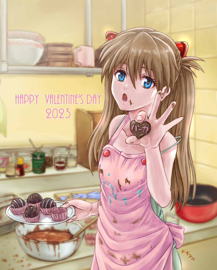 1girl 2023 absurdres apron blue_eyes blush bodysuit breasts brown_hair casual chocolate cooking dated gift hair_between_eyes happy_valentine heart highres holding interface_headset_(evangelion) kazumina kitchen long_hair looking_at_viewer neon_genesis_evangelion open_mouth red_headwear shiny_clothes simple_background small_breasts solo souryuu_asuka_langley standing two_side_up valentine very_long_hair