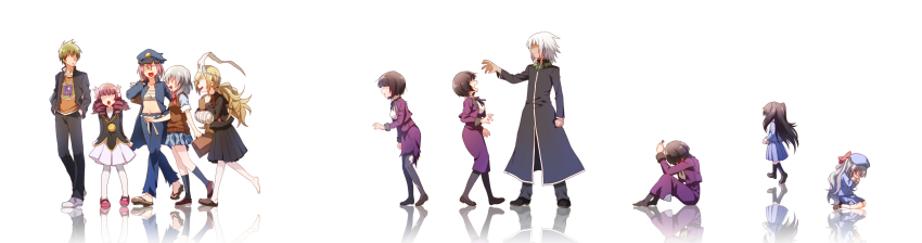 10s 2boys 6+girls absurdres adenokouji_nadeshiko banchou barefoot binbougami_ga! black_hair blonde_hair crying delinquent drill_hair faceless geta hat highres ikari_(binbougami_ga!) long_hair long_image minowa_kurumi momiji_(binbougami_ga!) multiple_boys multiple_girls no_socks open_mouth pink_hair purple_hair re_ghotion rindou_ranmaru sakura_ichiko sarashi school_uniform shoes short_hair silver_hair single_shoe skirt sleeves_rolled_up straw_(stalk) sweater_vest tsuwabuki_keita wide_image