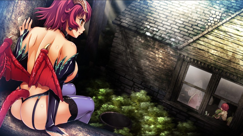 10s 1boy 2girls ass breasts collar demon_girl demon_horns demon_tail demon_wings earrings game_cg garter_belt garter_straps horns house jewelry kyonyuu_fantasy large_breasts lingerie low_wings monster_girl multiple_girls pointy_ears revealing_clothes ryuuto_henge shamsiel_shahar sideboob sitting tail thighhighs thong tree underwear well whale_tail_(clothing) window wings yellow_eyes