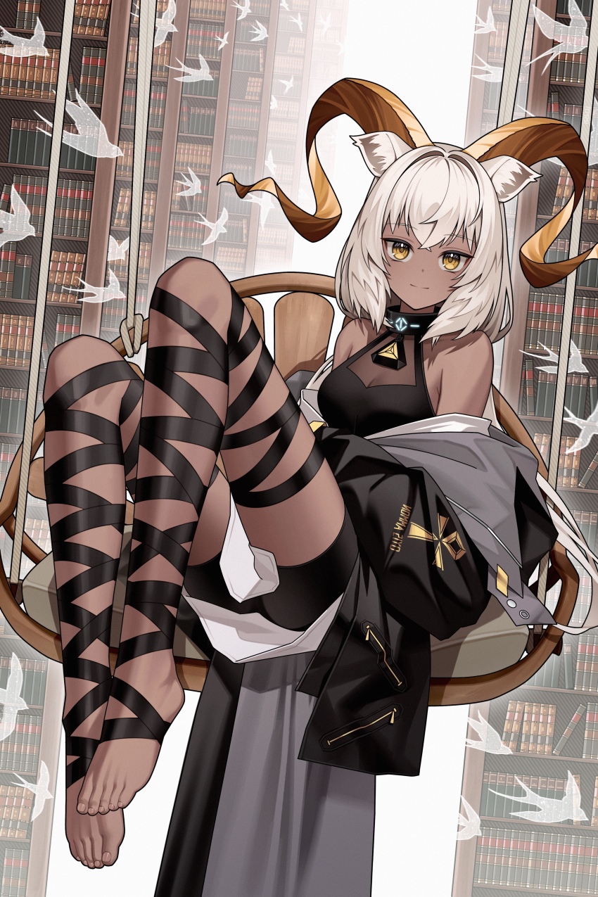 1girl absurdres animal_ear_fluff animal_ears ankh arknights barefoot beeswax_(arknights) black_jacket book bookshelf breasts chinese_commentary cleavage closed_mouth clothes_writing commentary_request crossed_bangs curled_horns dark-skinned_female dark_skin feet full_body highres horns infection_monitor_(arknights) jacket knees_up looking_at_viewer medium_breasts medium_hair off_shoulder sitting smile solo thigh_strap toenails toes white_hair yellow_eyes yellow_horns zhengqi_zhizi_sg