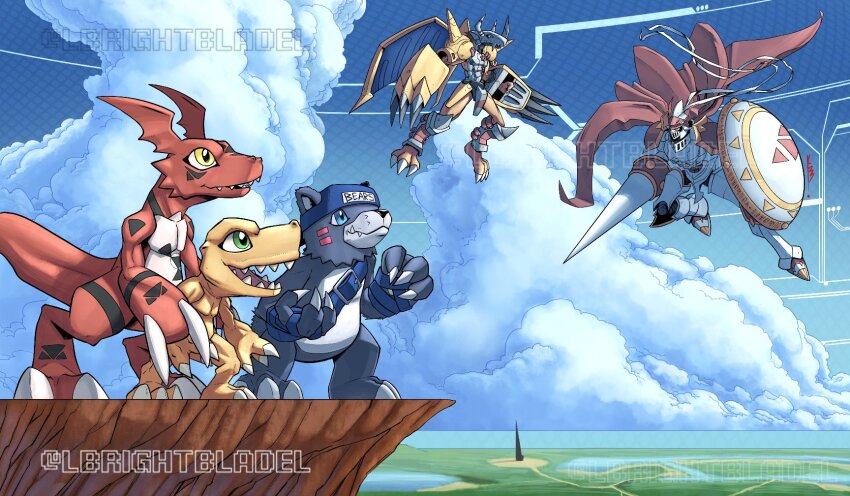 agumon armor backwards_hat baseball_cap bear bearmon black_fur blue_eyes body_fur cape cloud derivative_work digimon digimon_(creature) digimon_world_3 dinosaur dragon dukemon english_text green_eyes group_picture guilmon hat highres holding holding_polearm holding_shield holding_weapon knight lbrightbladel lizard looking_up midair polearm print_hat red_cape red_scales shield standing twitter_username video_game_cover_redraw wargreymon weapon yellow_armor yellow_eyes yellow_scales