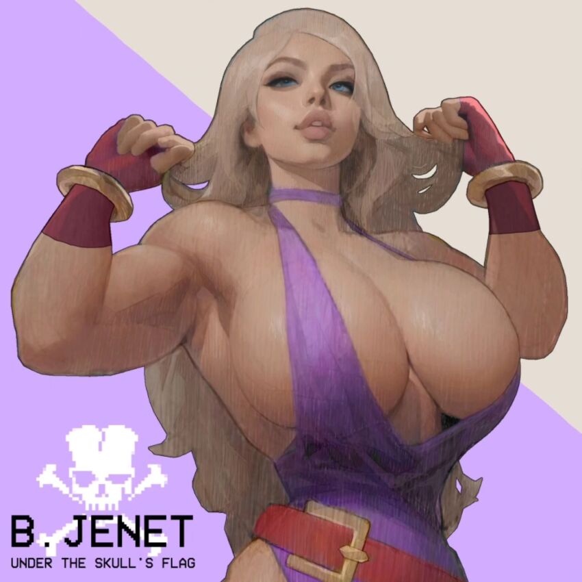 1girl bare_shoulders breasts cleavage curvy fatal_fury fingerless_gloves garou:_mark_of_the_wolves gloves highres huge_breasts ickpot b._jenet large_breasts lips long_hair looking_at_viewer mature_female narrow_waist navel pinup_(style) realistic snk solo thick_lips toned toned_female