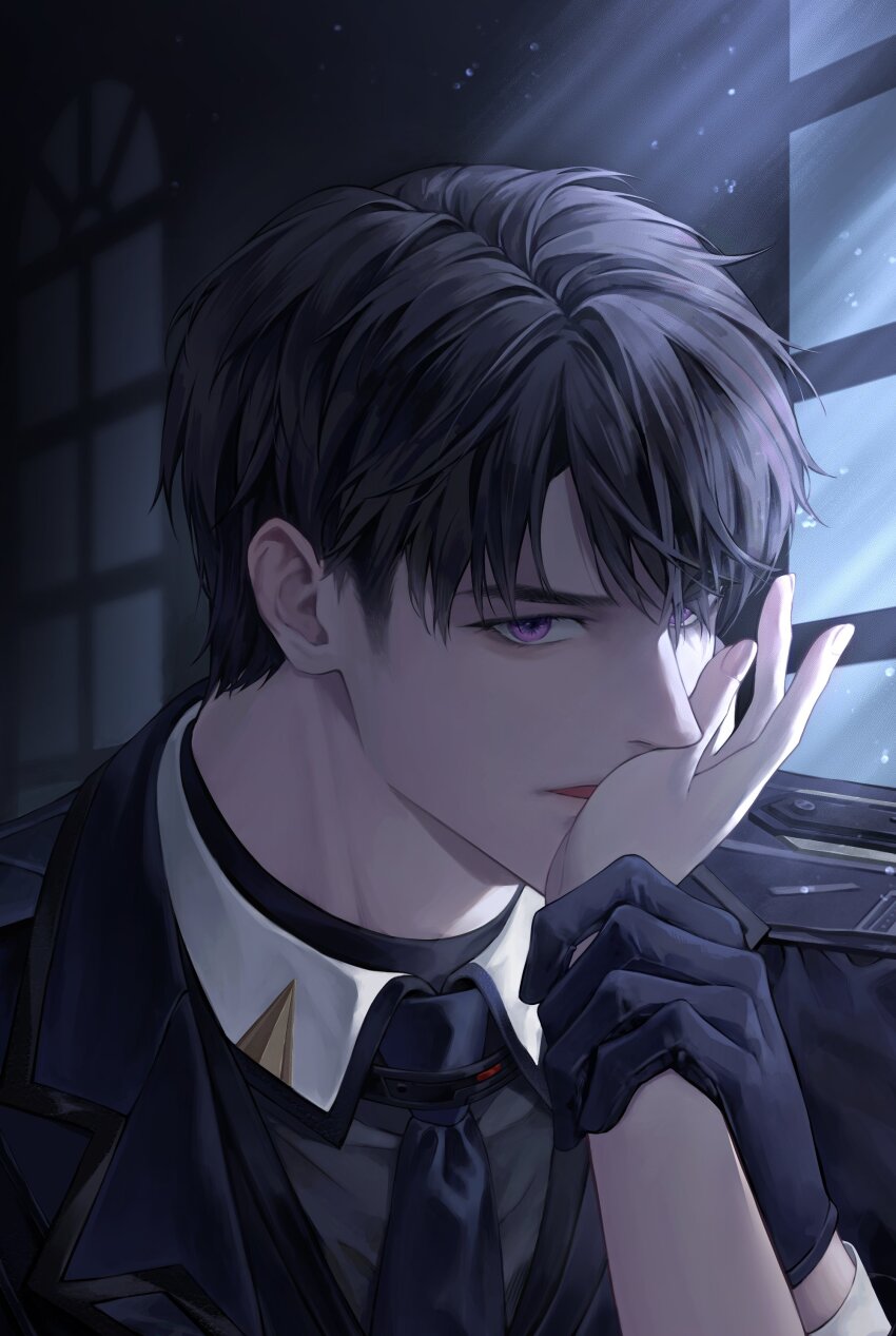 1boy absurdres black_gloves black_hair black_jacket black_necktie caleb_(love_and_deepspace) gloves highres holding_another&#039;s_arm jacket kiss kissing_hand korean_commentary light_particles light_rays looking_at_viewer love_and_deepspace male_focus mang_chan_d necktie out_of_frame parted_lips portrait purple_eyes short_hair window