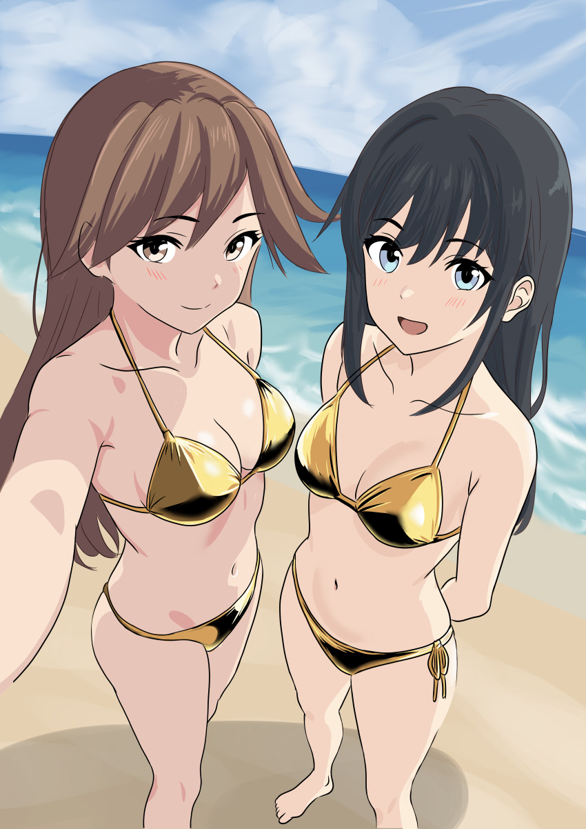 2girls absurdres arashio_(kancolle) arms_behind_head asashio_(kancolle) barefoot beach bikini black_eyes blue_eyes blue_sky bone_namu(namu49850) brown_eyes brown_hair cloud commentary day full_body gold_bikini highres horizon kantai_collection long_hair looking_at_viewer multiple_girls ocean outdoors selfie side-tie_bikini_bottom sky swimsuit
