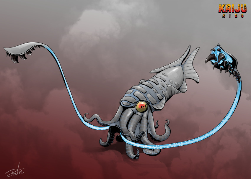 absurdres animal_focus artist_name bioluminescence commentary creature cuttlefish english_text gezora giant giant_monster glowing godzilla_(series) gugenheim98 highres horizontal_pupils kaiju redesign simple_background solo space_amoeba space_amoeba_(film) spikes suction_cups tentacles toho yellow_eyes