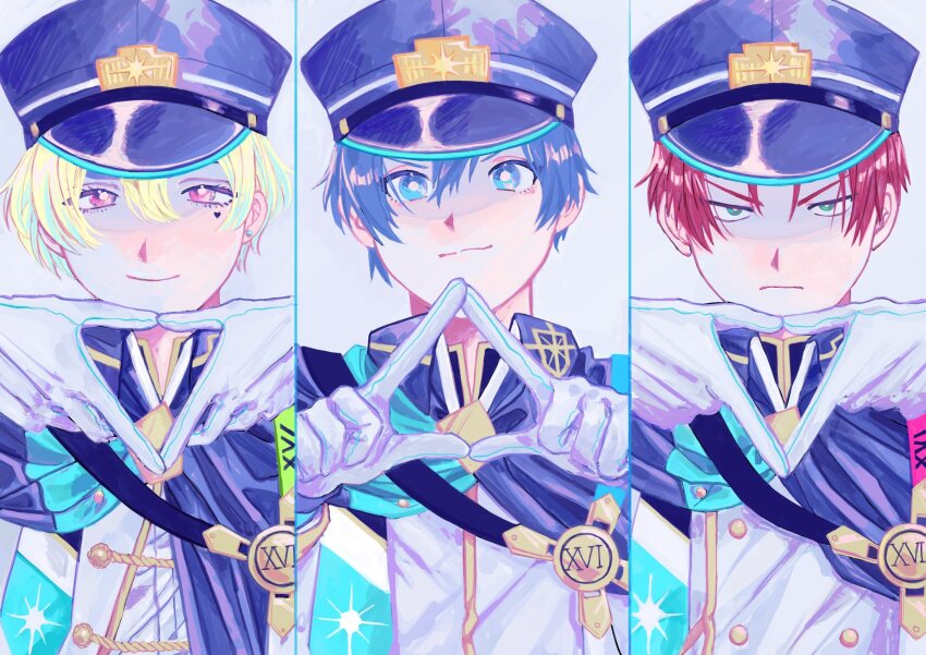 3boys amamine_shu blue_eyes blue_hair c.first_(idolmaster) cape collared_jacket collared_shirt column_lineup furrowed_brow gloves green_eyes hanazono_momohito hand_gesture hat highres idol idolmaster idolmaster_side-m idolmaster_side-m_growing_stars jacket light_frown light_green_hair light_smile male_focus mayumi_eishin multiple_boys ninaman pink_eyes red_hair serious shirt white_gloves