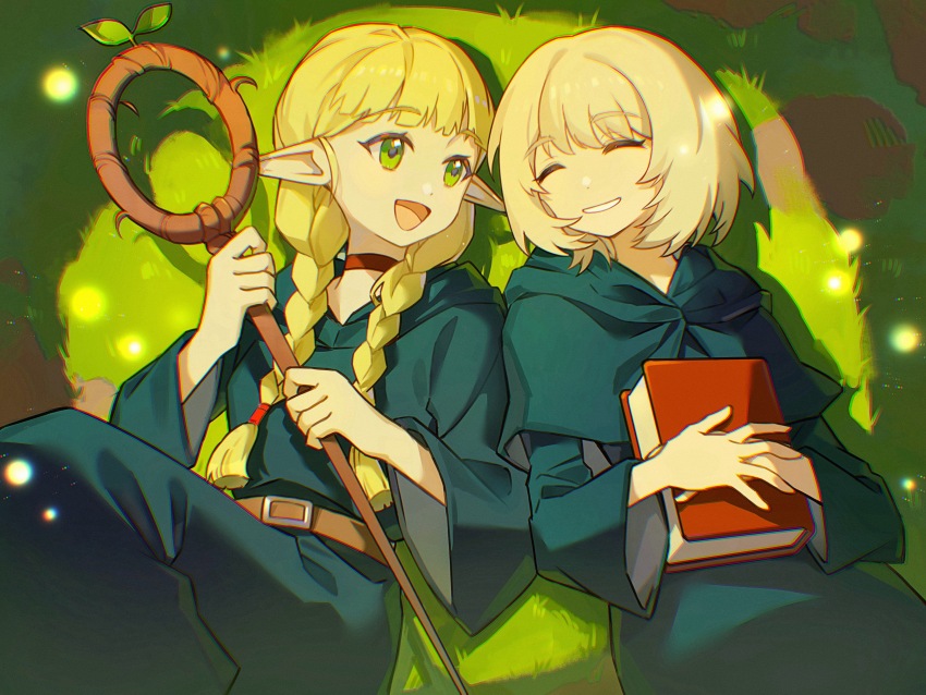 2girls ^_^ absurdres belt belt_buckle blonde_hair blue_capelet blue_robe blunt_bangs blunt_ends book braid brown_belt buckle capelet choker closed_eyes cowboy_shot dot_nose dungeon_meshi elf endoftheworld600 eyelashes falin_touden feet_out_of_frame fireflies green_eyes grin hair_over_shoulder hair_tie happy highres holding holding_book hood hood_down hooded_capelet hooded_robe knees_up light_particles long_sleeves low_twin_braids lying marcille_donato multiple_girls on_back on_grass open_mouth own_hands_together pointy_ears red_choker robe short_hair smile twin_braids wide_sleeves