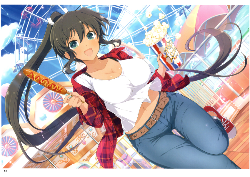 1girl absurdres amusement_park balloon belt belt_buckle black_bra black_hair blue_eyes blue_pants blue_sky blush bra breasts brown_belt bucket buckle carousel casual cleavage cloud collarbone corn_dog dark-skinned_female dark_skin day denim ferris_wheel food groin hair_ribbon high_ponytail highres holding holding_food homura_(senran_kagura) jacket jeans ketchup large_breasts lens_flare long_hair long_sleeves looking_at_viewer magazine_scan midriff midriff_peek mustard navel non-web_source official_art open_mouth outdoors pants plaid_clothes plaid_jacket ponytail popcorn railing red_jacket red_shoes ribbon scan senran_kagura senran_kagura_new_link senran_kagura_shoujo-tachi_no_shin&#039;ei shiny_skin shirt shoelaces shoes sky smile sneakers solo standing standing_on_one_leg tan tongue underwear very_long_hair white_horse white_ribbon white_shirt