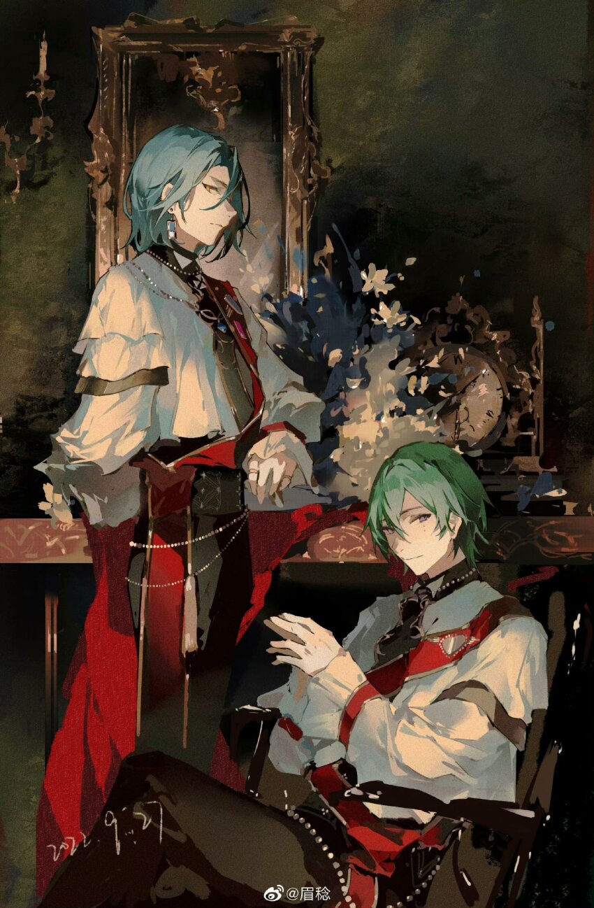 2boys analog_clock arm_behind_back black_pants blue_hair candle chair clock closed_mouth crossed_legs curtained_hair dated earrings elbow_rest ensemble_stars! expressionless feet_out_of_frame flower frilled_sleeves frills green_hair hair_between_eyes high-waist_pants highres himeru_(ensemble_stars!) indoors jacket jewelry kazehaya_tatsumi layered_sleeves long_sleeves looking_at_viewer male_focus mei_ren mole mole_under_eye multiple_boys multiple_moles multiple_rings own_hands_together painting_(object) pants profile purple_eyes red_sash ring romantic?_date_(ensemble_stars!) sash shirt short_hair short_over_long_sleeves short_sleeves shoulder_sash sideways_glance sitting smile standing tassel tuxedo_shirt waist_sash watermark weibo_watermark white_flower white_jacket white_shirt yellow_eyes