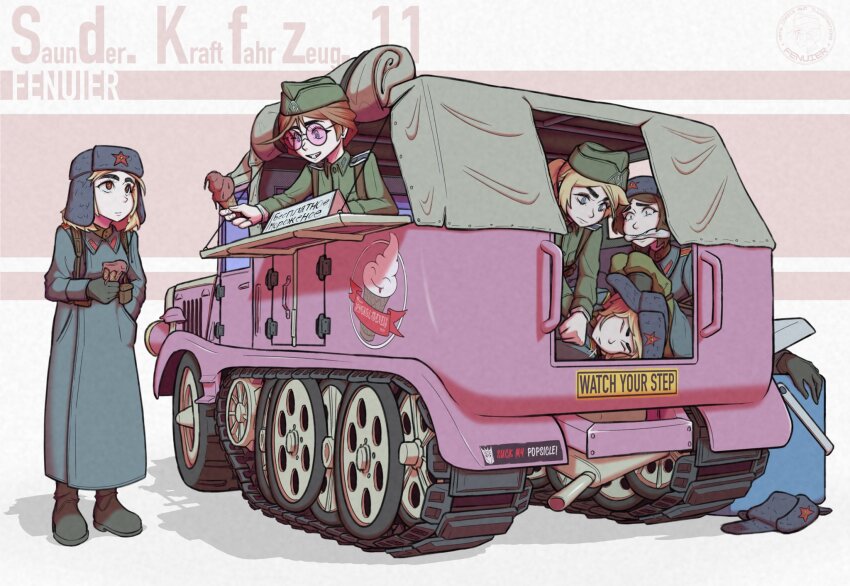 1other 5girls artist_name blonde_hair blue_eyes boots bound brown_eyes brown_hair buck_teeth bumper_sticker coat fenuier food food_stand food_truck fur_hat green_coat green_hat half-track hat highres ice_cream ice_cream_stand military_hat military_uniform military_vehicle motor_vehicle multiple_girls original pink-framed_eyewear punching red_star round_eyewear russian_text sdkfz_11 simple_background star_(symbol) teeth thick_eyebrows tied_up_(nonsexual) transformers unconscious unworn_hat unworn_headwear ushanka vehicle_focus
