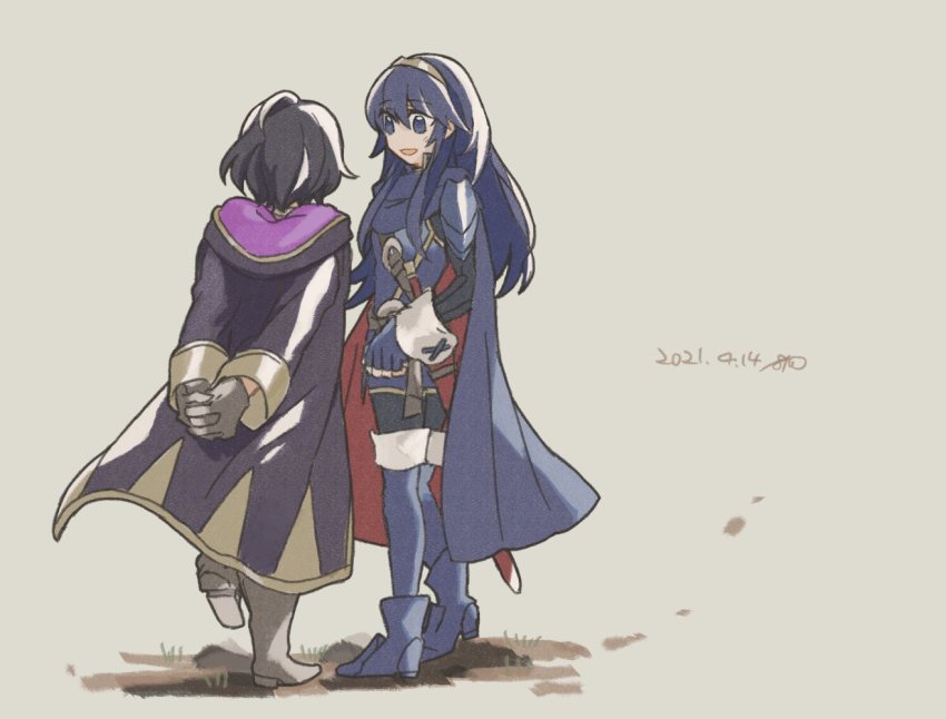 2girls armor arms_behind_back batoson54 black_hair blue_eyes blue_hair boots cape dated fingerless_gloves fire_emblem fire_emblem_awakening full_body gloves hair_between_eyes long_hair looking_at_another lucina_(fire_emblem) female_morgan_(fire_emblem) multiple_girls nintendo open_mouth pauldrons sheath short_hair shoulder_armor standing thigh_boots thighhighs tiara