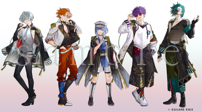 5boys :d aiguillette aqua_nails arm_at_side arm_out_of_sleeve arm_wrap armband asymmetrical_gloves bandaged_neck bandages belt black_boots black_choker black_gloves black_jacket black_kimono black_mask black_pants black_shirt black_socks blue_eyes blue_hair blue_kimono blunt_bangs bob_cut boots bracelet braid capri_pants choker closed_mouth collarbone collared_jacket copyright_notice drawstring ear_piercing earbuds earphones earrings egasumi elbow_gloves fingerless_gloves fishnet_top fishnets floral_print full_body gloves gradient_background gradient_clothes gradient_shirt green_eyes green_hair green_kimono grey_belt grey_hair grey_nails grey_necktie grey_shirt grin hadanugi_dousa hair_between_eyes hair_over_shoulder half_gloves hand_in_pocket hand_tattoo hand_up haori hat height_difference hexagon_print highres holding holding_earphones hood hood_down hoodie jacket jacket_on_shoulders japanese_clothes jewelry ketsugou_danshi:elements_with_emotions kimono kyo_zip lace-up_boots lapels lineup long_sleeves looking_at_viewer male_focus mask medium_hair minamoto_saku mismatched_gloves mouth_mask multicolored_hair multicolored_kimono multicolored_nails multiple_boys necktie official_art onkyo open_clothes open_jacket open_kimono open_mouth orange_hair orange_pants pants parted_lips partially_fingerless_gloves partially_unbuttoned peaked_cap pendant_choker piercing print_socks purple_hair red-tinted_eyewear ring sample_watermark sarashi shiozuru_ichina shirt shoes short_hair short_kimono short_sleeves shorts side_part single_braid single_earphone_removed single_off_shoulder sleeve_cuffs smile socks standing streaked_hair striped_clothes striped_glasses tattoo three-quarter_sleeves tinted_eyewear tosho_nanase ukiishi_misora undercut untucked_shirt watermark white_background white_belt white_gloves white_hair white_hat white_hoodie white_jacket white_shirt white_shoes white_shorts wide_sleeves wireless_earphones yasukata_eito