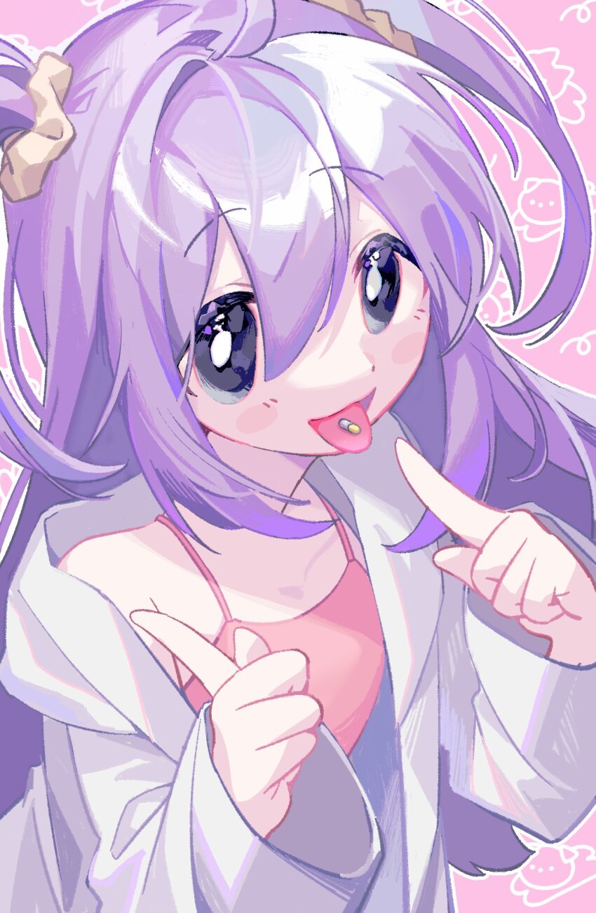 1girl :3 black_eyes blush_stickers bright_pupils camisole coat commentary_request du_dianhua_(kyoddao) hair_ornament hair_scrunchie hands_up highres index_fingers_raised lab_coat leaning_forward long_hair long_sleeves looking_at_viewer nemuri-chan off_shoulder okusuri_nonde_neyou_(vocaloid) open_clothes open_coat outline pill_in_mouth pink_background pink_camisole purple_hair raised_eyebrows scrunchie solo spaghetti_strap tongue tongue_out two_side_up upper_body vocaloid white_coat white_outline white_pupils