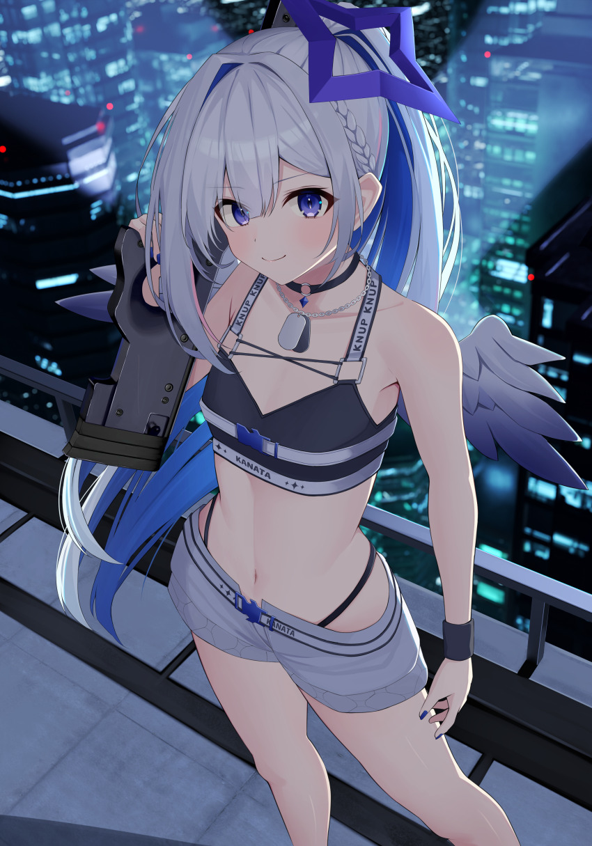 1girl absurdres alternate_costume amane_kanata angel angel_wings assault_rifle black_choker black_shirt blue_hair breasts choker cityscape colored_inner_hair gonza3_v grey_hair grey_shorts gun halo highleg highleg_panties highres holding holding_gun holding_weapon hololive multicolored_hair o-ring o-ring_choker panties ponytail purple_eyes rifle shirt shorts small_breasts smile solo star_halo underwear virtual_youtuber weapon wings