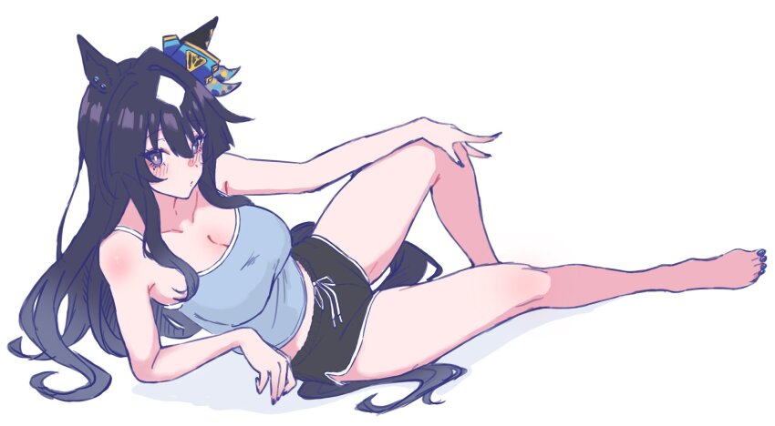 1girl animal_ears armpit_crease barefoot black_hair black_shorts blue_shirt blush breasts camisole cleavage dolphin_shorts ear_ornament elbow_rest full_body highres horse_ears horse_girl horse_tail kerotan_(belle_reinedesu) knee_up long_hair looking_at_viewer lying midriff multicolored_hair multiple_girls on_side purple_eyes shirt shorts simple_background solo streaked_hair tail toes umamusume verxina_(umamusume) white_background