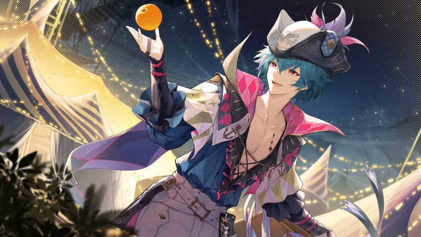 1boy absurdres blue_hair blue_shirt brant_(wuthering_waves) chinese_commentary commentary_request cowboy_shot food fruit hair_between_eyes hand_up hat highres jiusan_naitang male_focus night night_sky open_clothes open_mouth open_shirt orange_(fruit) outdoors pants purple_eyes shirt short_hair sky smile solo tacet_mark_(wuthering_waves) toned toned_male tricorne white_pants wuthering_waves
