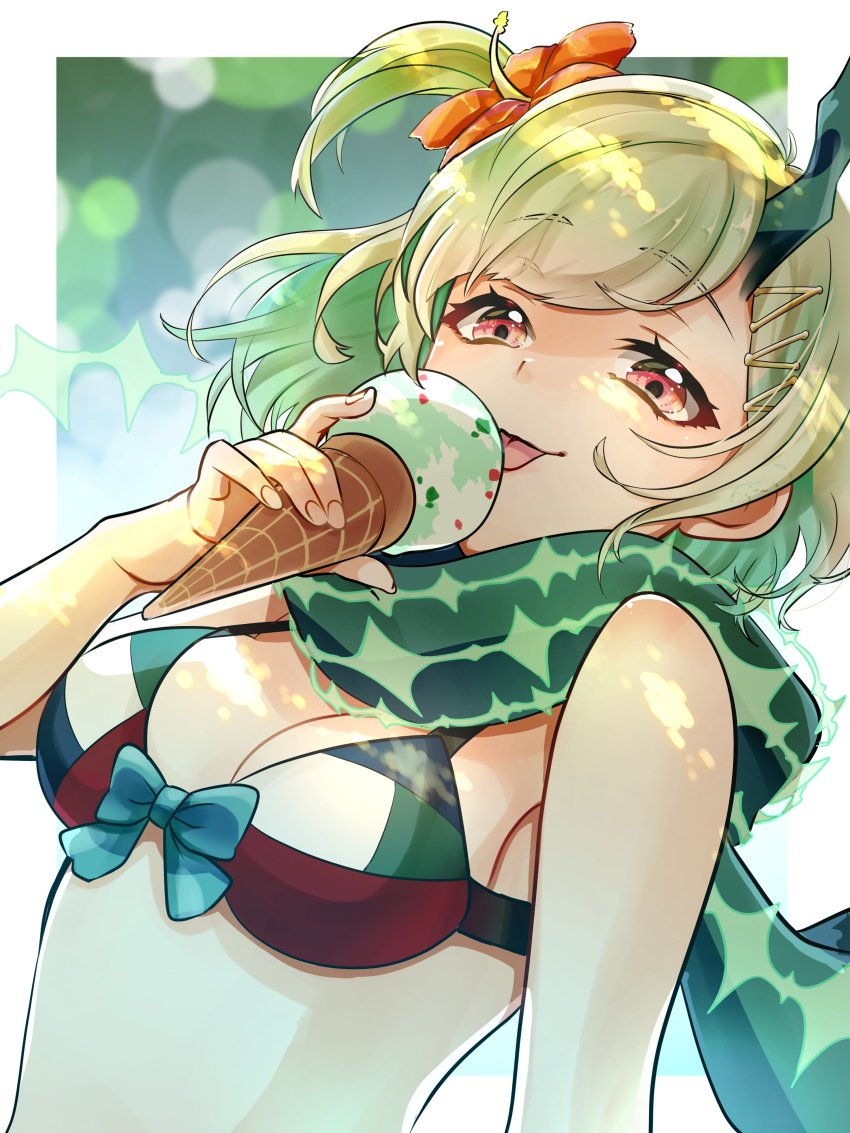 1girl absurdres bikini border bow breasts cleavage flower food green_hair hair_flower hair_ornament hairclip highres holding holding_food licking little_match_girl_(sinoalice) looking_at_viewer medium_breasts red_eyes scarf shaved_ice short_hair side_ponytail sinoalice solo swimsuit tm11056 tongue tongue_out upper_body white_border